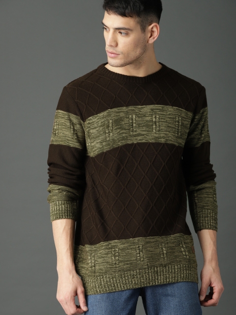 

Roadster Men Coffee Brown & Olive Green Self-Design Pullover Sweater