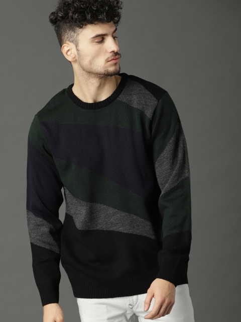 

Roadster Men Black & Grey Colourblocked Pullover