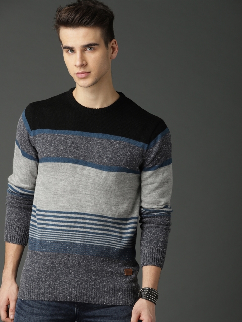 

Roadster Men Grey Melange & Black Colourblocked Pullover