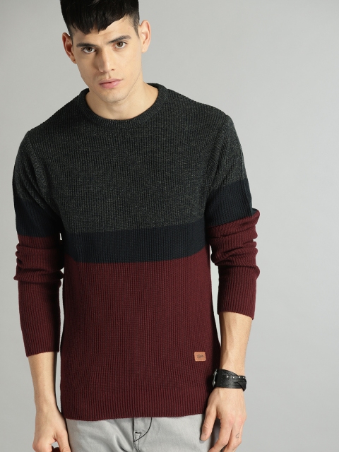 

Roadster Men Navy & Maroon Colourblocked Pullover, Navy blue