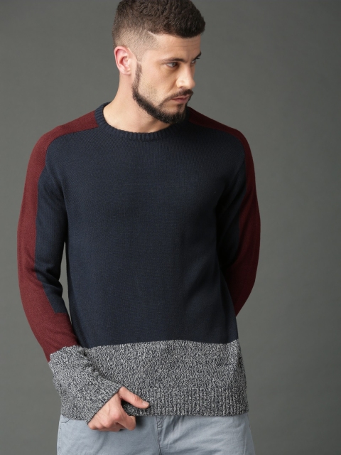 

Roadster Men Navy Blue & Maroon Colourblocked Pullover