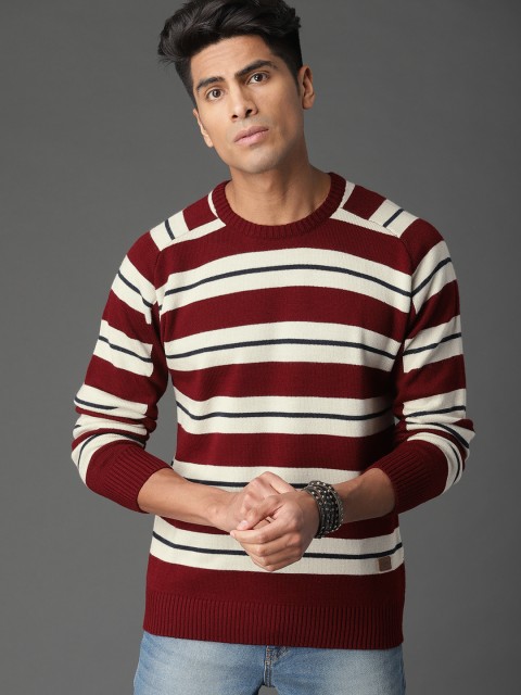 

Roadster Men Maroon & Off-White Striped Sweater