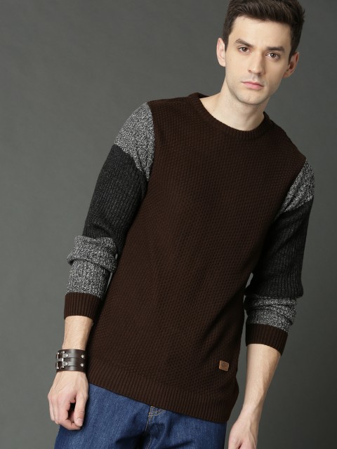 

Roadster Men Brown Self Design Pullover