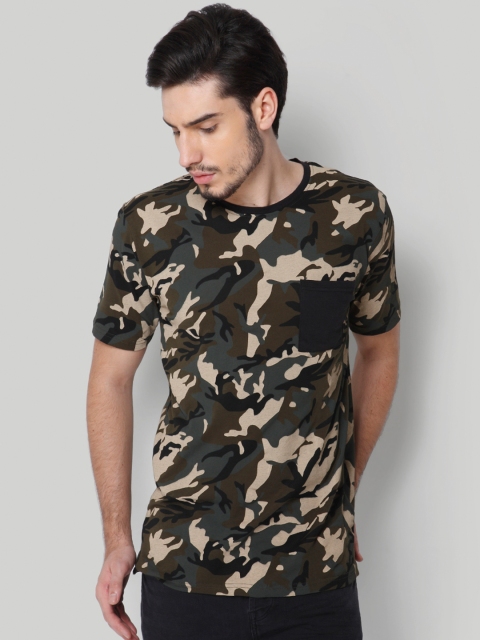 

ONLY & SONS Men Olive Green & Beige Camouflage Printed Round Neck T-shirt