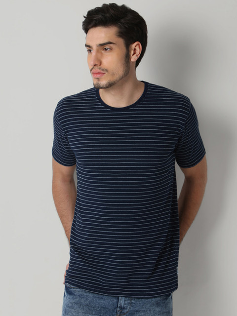 

ONLY & SONS Men Blue Striped Round Neck T-shirt