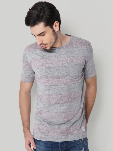 

ONLY & SONS Men Grey Striped Round Neck T-shirt