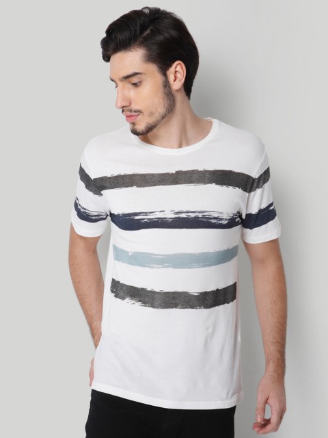 

ONLY & SONS Men White & Grey Striped Round Neck T-shirt