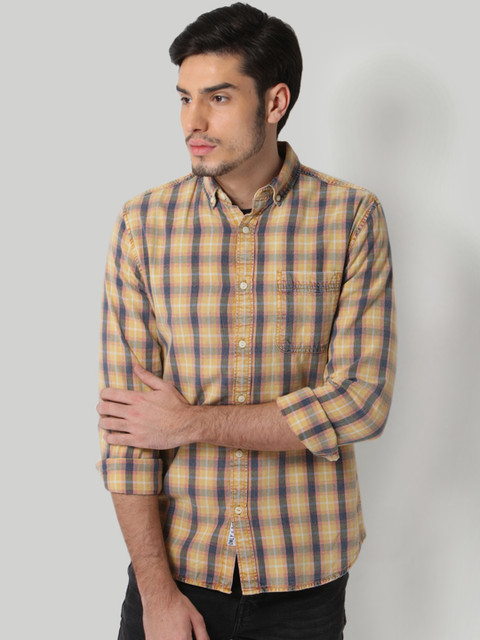 

ONLY & SONS Men Yellow & Blue Slim Fit Checked Casual Shirt