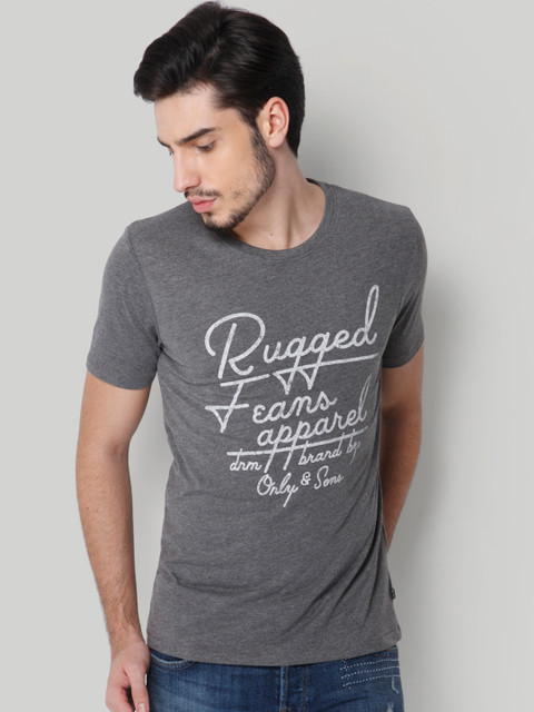 

ONLY & SONS Men Charcoal Grey Printed Round Neck T-shirt