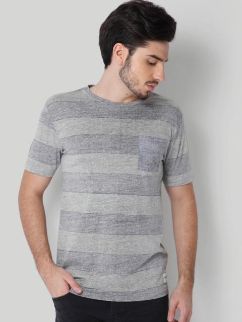 

ONLY & SONS Men Olive Green & Grey Striped Round Neck T-shirt