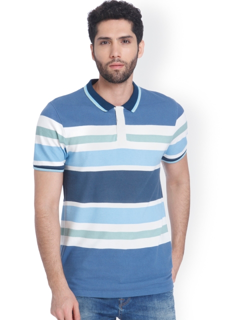 

ONLY & SONS Men Blue & White Striped Polo Collar T-shirt
