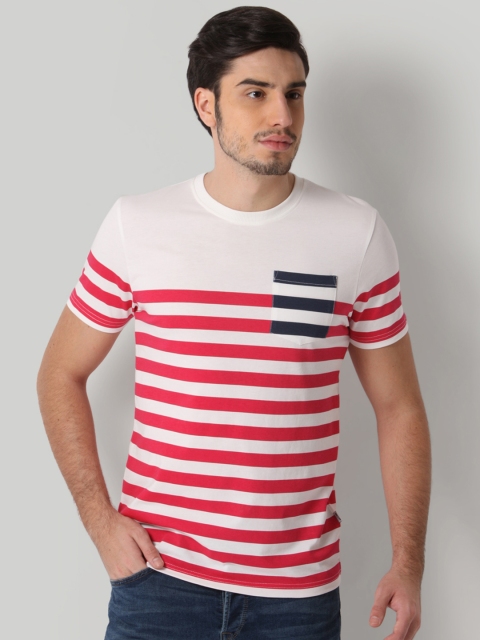 

ONLY & SONS Men White & Pink Striped Round Neck T-shirt