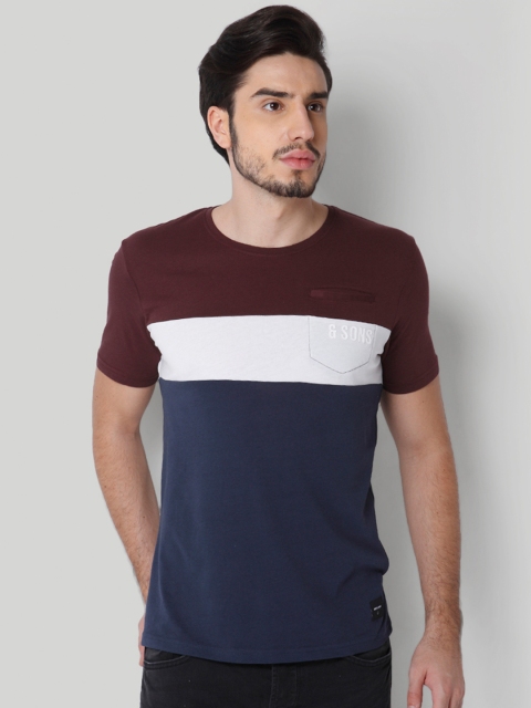 

ONLY & SONS Men Navy Blue & Burgundy Colourblocked Round Neck T-shirt