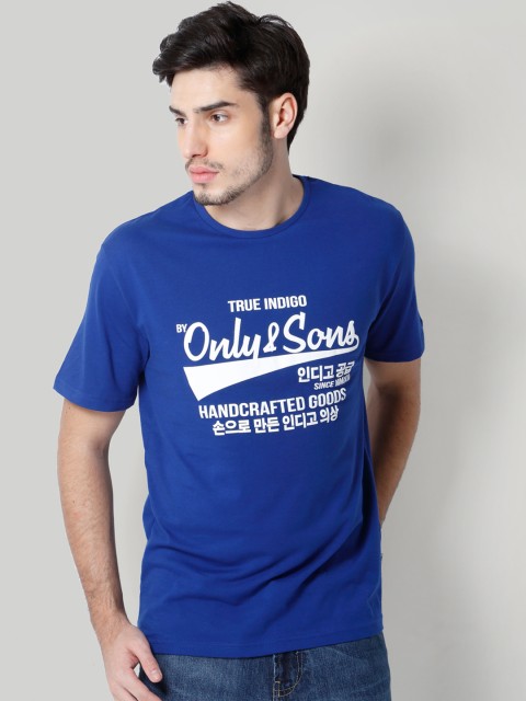 

ONLY & SONS Men Blue Printed Round Neck T-shirt