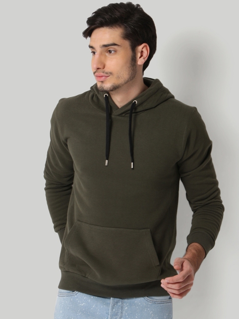 

ONLY & SONS Men Olive Green Solid Hooded Sweatshirt