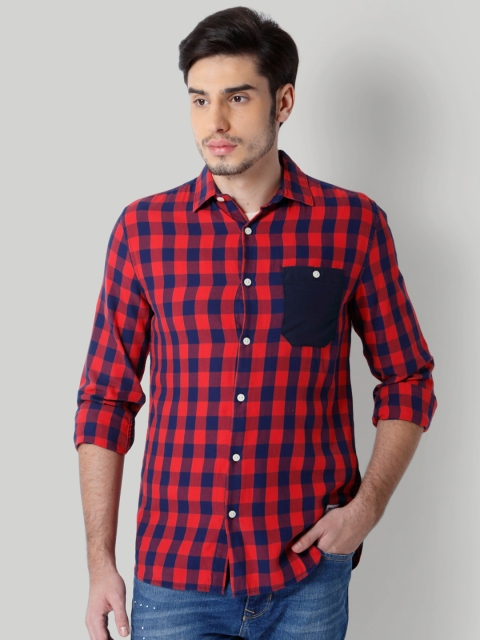 

ONLY & SONS Men Red & Navy Blue Slim Fit Checked Casual Shirt