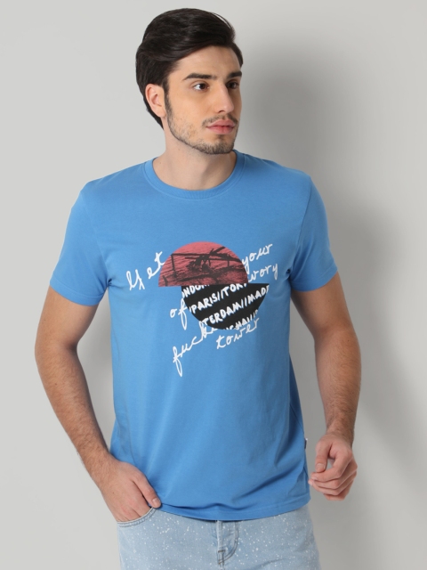 

ONLY & SONS Men Blue Printed Round Neck T-shirt