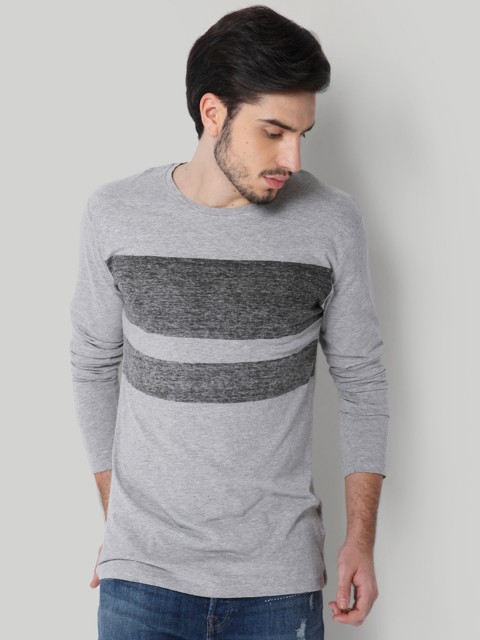 

ONLY & SONS Men Grey Striped Round Neck T-shirt
