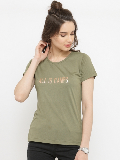 

plusS Women Olive Green Printed Round Neck T-shirt
