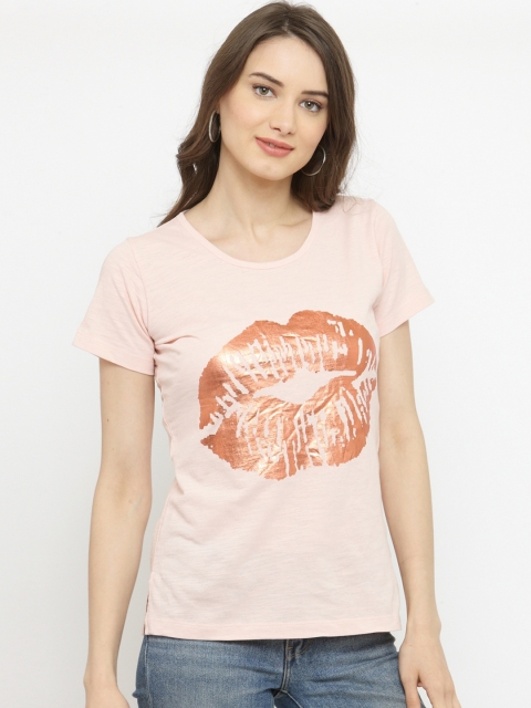 

plusS Women Peach-Coloured Printed Round Neck T-shirt