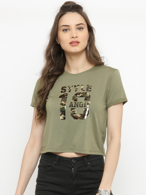 

plusS Women Olive Green Printed Round Neck T-shirt