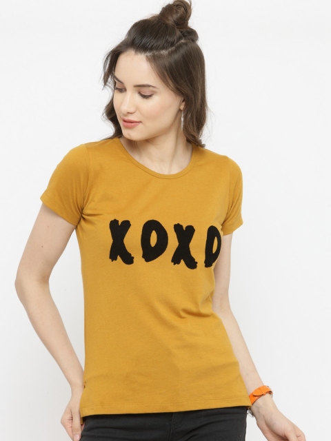 

plusS Women Mustard Printed Round Neck T-shirt