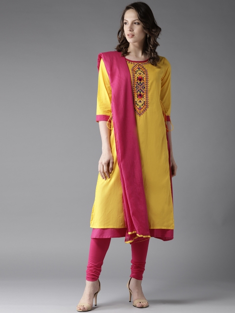 

Moda Rapido Women Yellow & Pink Solid Kurta with Churidar & Dupatta