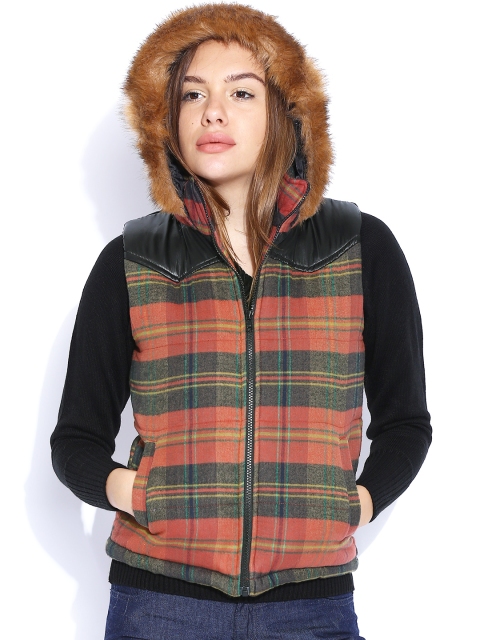 

Flying Machine Rust Brown Checked Sleeveless Hooded Jacket