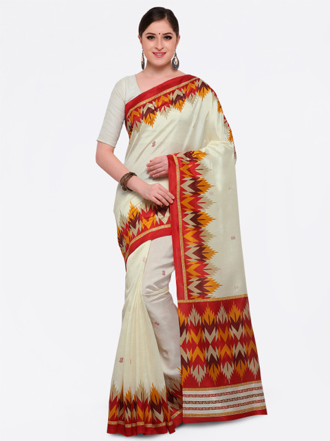

Saree mall Cream-Coloured Silk Blend Printed Kasavu Saree