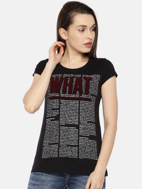 

People Women Black Printed Round Neck T-shirt