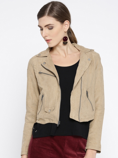 

People Women Beige Solid Biker Jacket