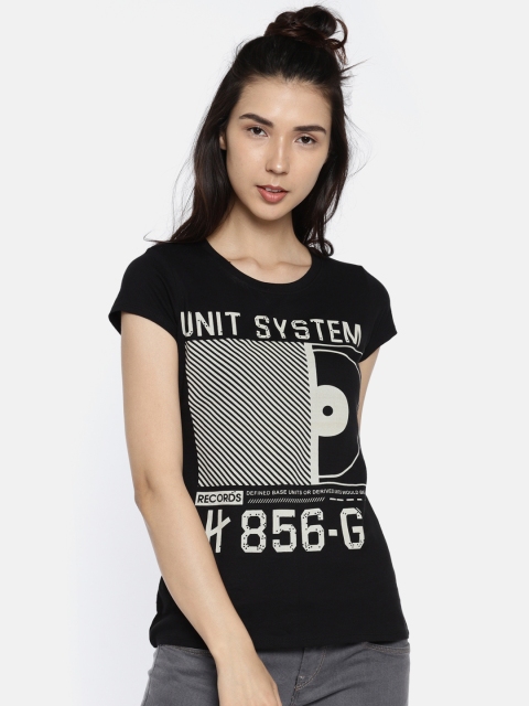 

People Women Black Printed Round Neck T-shirt
