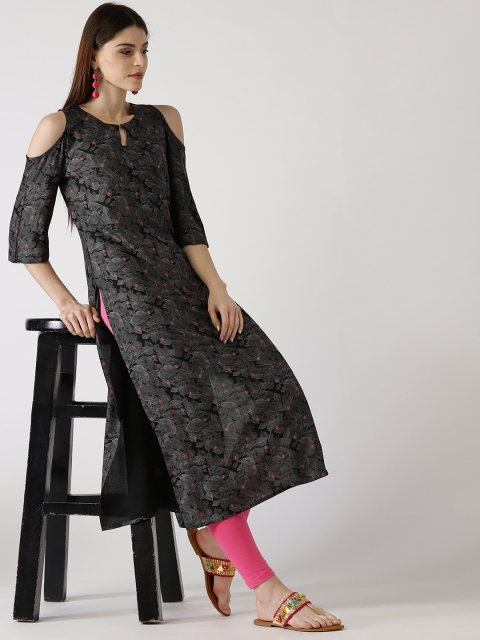 

Libas Women Charcoal Grey Printed Cold-Shoulder Kurta