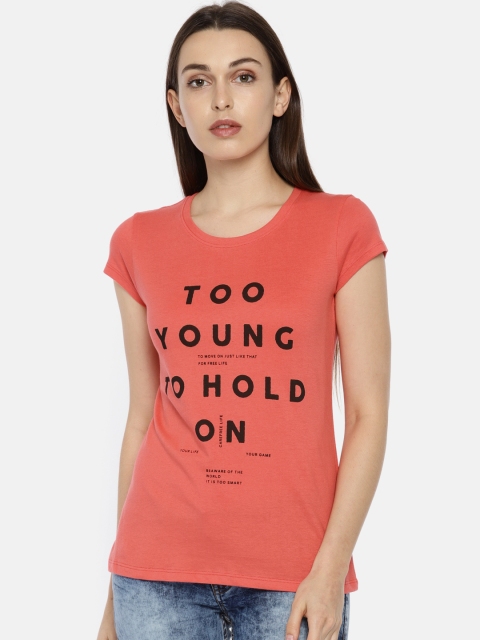 

People Women Pink Printed Round Neck T-shirt