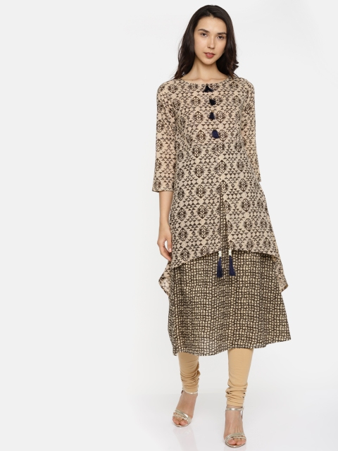 

Aaboli Women Brown & Off-White Printed Layered A-Line Kurta