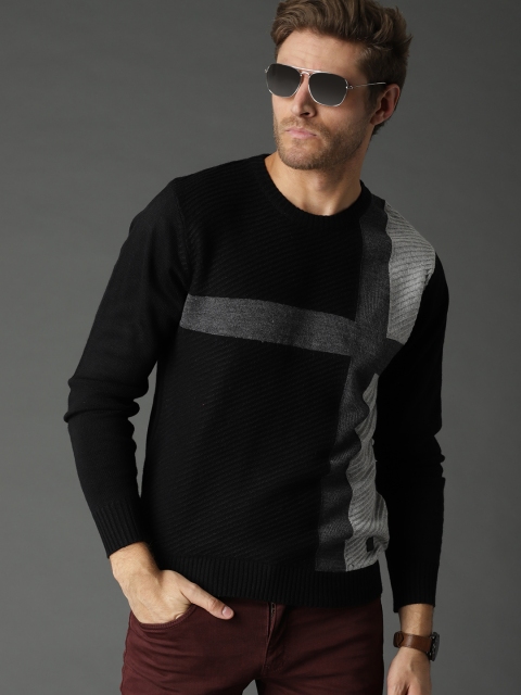 

Roadster Men Black & Grey Self Striped Sweater