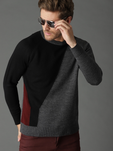 

Roadster Men Charcoal Grey & Black Self Design Colourblocked Sweater