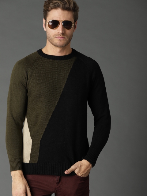 

Roadster Men Black & Olive Green Self Design Colourblocked Sweater