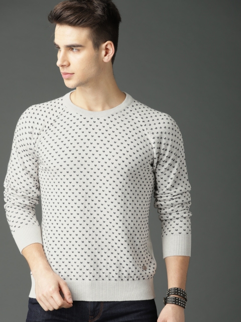 

Roadster Men White & Black Self Design Pullover Sweater