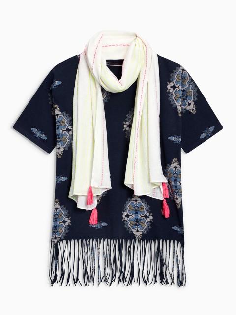 

next Women Navy Blue Printed Round Neck T-shirt with Scarf