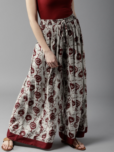 

HERE&NOW Women Grey & Maroon Printed Wide Leg Palazzos