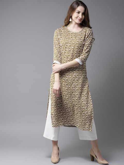 

HERE&NOW Women Olive Green & White Printed Straight Kurta