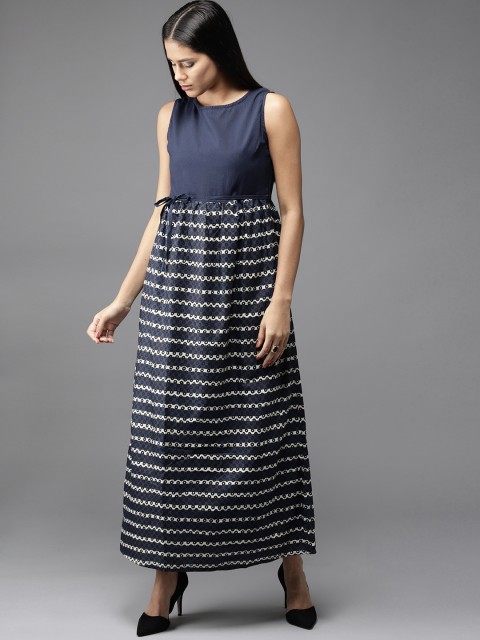 

HERE&NOW Women Navy Blue & Beige Printed Maxi Dress