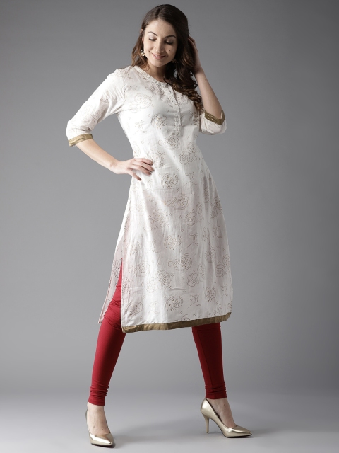 

HERE&NOW Women Off-White & Golden Printed Straight Kurta