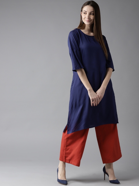 

HERE&NOW Women Navy Blue Solid A-Line Kurta
