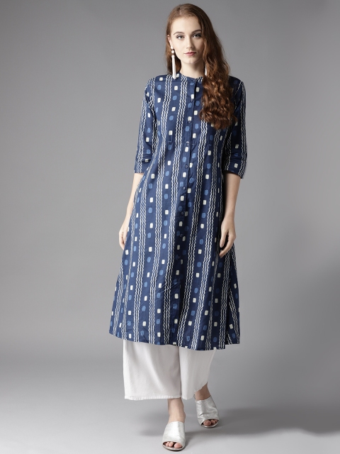 

HERE&NOW Women Navy Blue & Off-White Printed A-Line Kurta