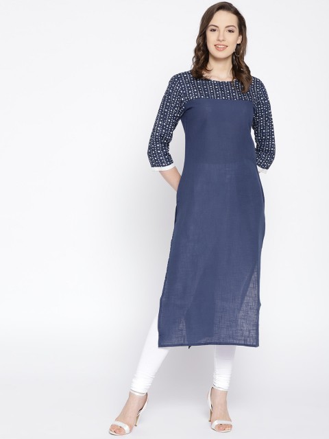 

HERE&NOW Women Navy Solid Straight Kurta, Navy blue