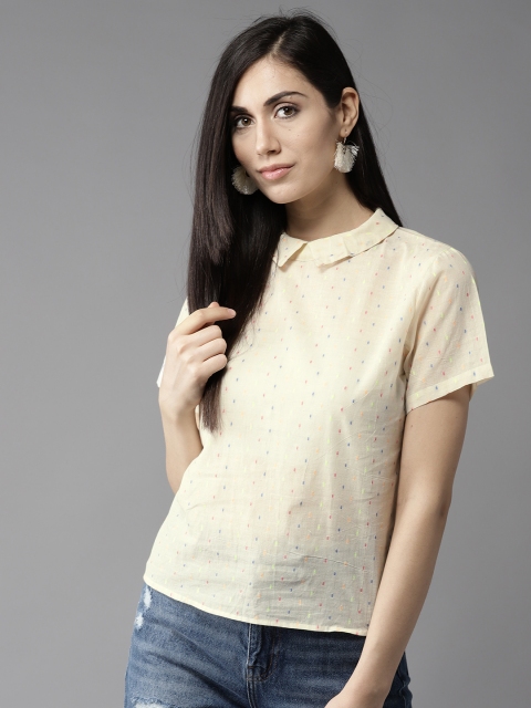 

HERE&NOW Women Beige Self Design Shirt Style Top