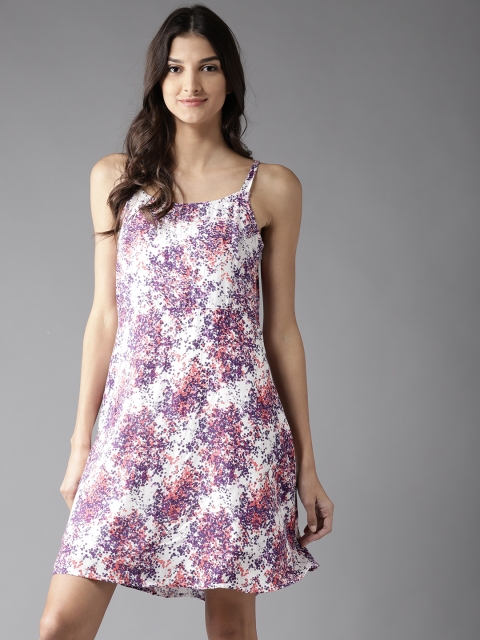 

HERE&NOW Women White & Purple Printed Fit & Flare Dress