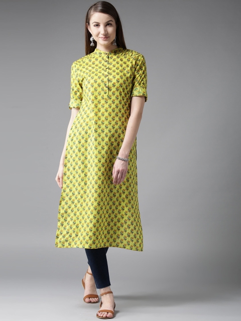 

HERE&NOW Women Yellow & Green Printed Straight Kurta